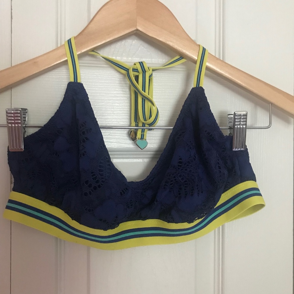 Victoria’s Secret sporty lace navy neon halter bikini top swim M